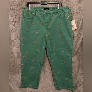 NYDJ Jeans Womens 16W Green Floral Print Lift Tuck Straight Capri Cropped New